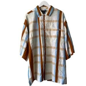 Trust Beige Blue & Brown Plaid Notch Collar Short Sleeve Button Down Shirt -3XL